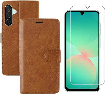 Hoesje geschikt voor Samsung Galaxy A26 bookcase Bruin - Met screenprotector tempered glass Galaxy A26