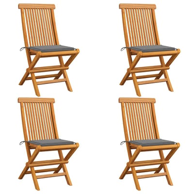 vidaXL - Klapstoelen - met - grijze - kussens, - 4 - stuks, - massief - teakhout
