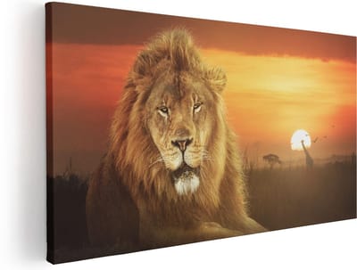 Artaza Canvas Schilderij Leeuw - 40x20 cm - Klein - Wanddecoratie Afrika - Muurdecoratie Zonsondergang - Schilderijen Dieren