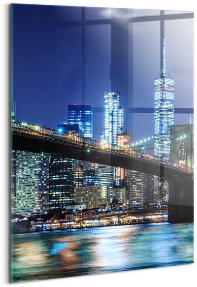 Wallfluent Glasschilderij - Brooklyn Bridge in New York 's nachts Glas Schilderij - 70x100 cm - Marine Verticale Muurschildering - Steden Foto Op Glas - Glas Foto - Foto In Glas