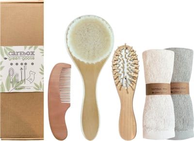 green-goose® Baby Bamboe Pakket | Haarverzorging Baby | 2 Haarborstels, Kam, 2 Zachte Doekjes | Duurzaam | Baby Borstels | Baby Kam