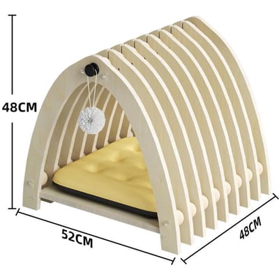 Nid pour chat Quatre Saisons Universel Coussin Nid Triangle Tête de Poisson Mignonne Maison pour Chat Simple Coussin en Velours Cristal Balle en Peluche Maison pour Chat en Bois Massif beige