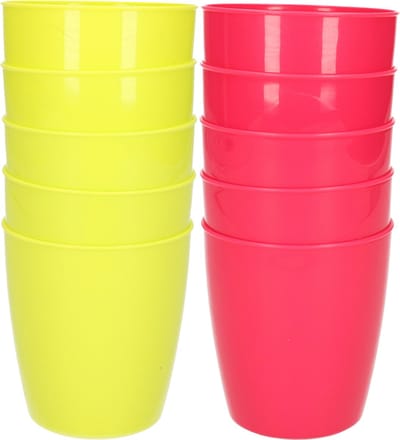 10x stuks onbreekbare kunststof water/sap/limonade glazen 300 ML in het groen en roze - Camping/verjaardag/peuters/kleuters