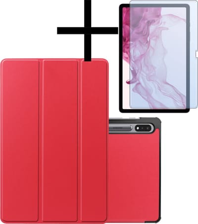 Hoes - Geschikt voor Samsung Galaxy Tab S10 Plus - Met Screenprotector - Trifold Bookcase - Hard Cover Case - Met Uitsparing Geschikt voor S Pen - Hardcover Book - Tablet Hoesje - Rood