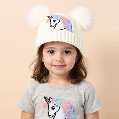 Cartoon Paard Gebreide Babymuts voor Meisjes Jongens Winter Pompon Bolmuts voor Kinderen Buiten Warme Kinderhoeden Baby Mutsen Pet 52-54cm(3-8years) white