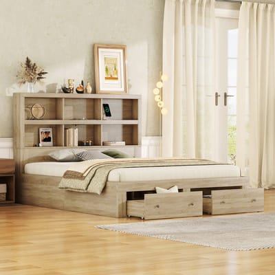 Wishdor Kingsize Platformbed 160x200 cm - Met Opberghoofdbord & USB - Inclusief 2 Lades - Compleet & Stijlvol - Spaanplaat - Naturel