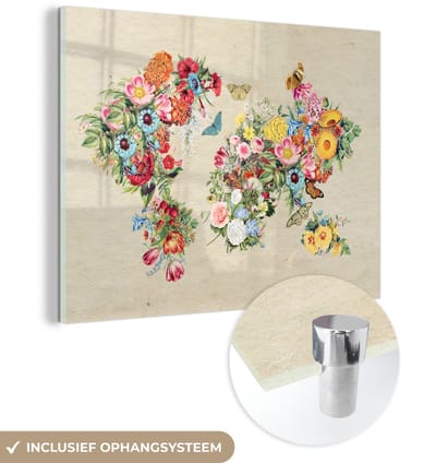 ® Glasschilderij 160x120 cm - Schilderij acrylglas - Wereldkaart - Vintage - Bloemen - Foto op glas - Muurdecoratie woonkamer - Wanddecoratie slaapkamer - Schilderijen