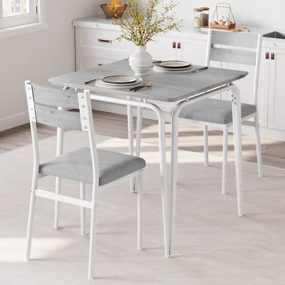 Eettafel Set 3-delig - 74x74x76cm - Keukentafel met 2 Beklede Stoelen - MDF Tafelblad - Ruimtebesparend Vintage Eettafel Set - voor Eetkamer Woonkamer of Appartement - Grijs + Wit