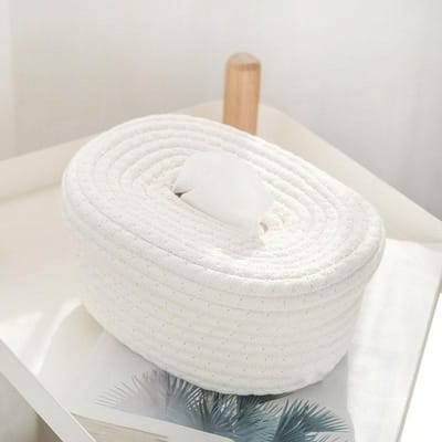 Katoenen koord geweven tissue opbergdoos Eenvoudige Japanse desktop stofdichte tissuebox met deksel Handgemaakt wasbaar white