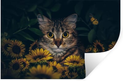 Muurstickers - Sticker Folie - Kat - Geel - Bloemen - Botanisch - 30x20 cm - Plakfolie - Muurstickers Kinderkamer - Zelfklevend Behang - Zelfklevend behangpapier - Stickerfolie
