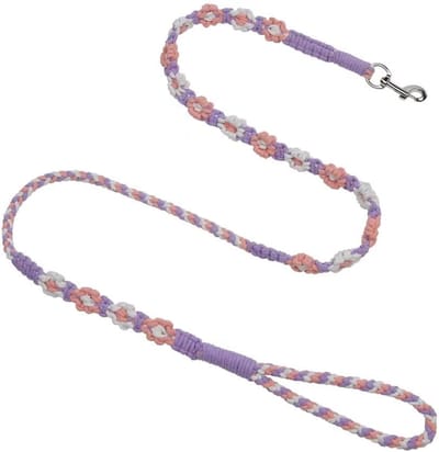 Generieke handgemaakte gevlochten hondenriem, roze, paars, wit, geweven touw met comfortabele grip-hondentuig-metalen haak, lengte 1,6 m, bloemenpatroon