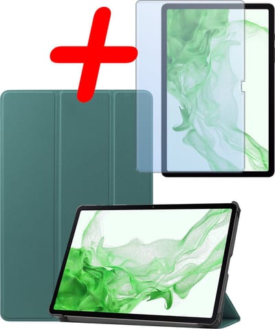 Hoesje Geschikt voor Samsung Galaxy Tab S9 Plus - Met Screenprotector - Trifold Bookcase - Hard Cover Case - Met Uitsparing Geschikt voor S Pen - Hardcover Book - Tablet Hoes - Donkergroen