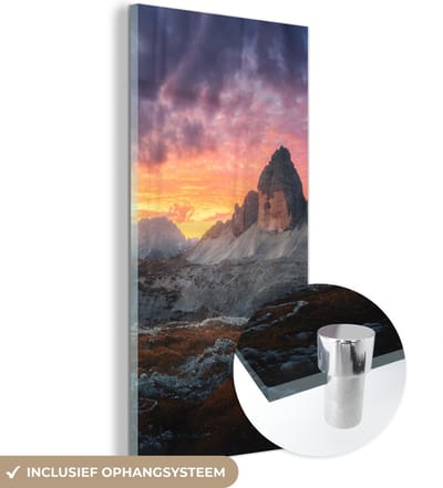 MuchoWow® Glasschilderij 20x40 cm - Schilderij acrylglas - Rotsen - Berg - Zonsondergang - Landschap - Foto op glas - Schilderijen