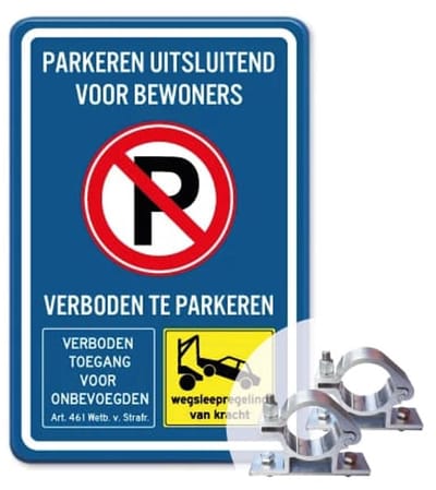Bord Parkeren uitsluitend voor bewoners - blauw - Weerbestendig Aluminium - 40x60 cm - Bevestiging: Met paalbeugels Ø48mm