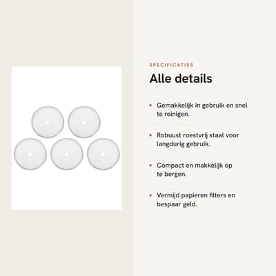Dailygoods- Koffiezetapparaat Filter - 5 Stuks Roestvrij Stalen Filter - Franse Pers Filter - Eenvoudig te Wassen - Diameter 6,5 cm - Lichtgewicht 8 g