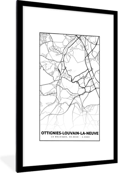 Fotolijst incl. Poster Zwart Wit- België – Ottignies Louvain la Neuve – Stadskaart – Kaart – Zwart Wit – Plattegrond - 60x90 cm - Posterlijst