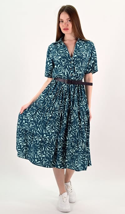 YesMooi - Midi Blousejurk met Bladprint en Ceintuur - L (40) - Petrolblauw