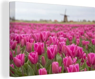 Canvas Schilderij Roze tulpen en windmolen - 30x20 cm - Wanddecoratie