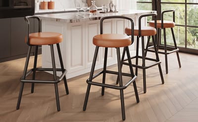 MODFU - Barkruk Set Van 4 - Ergonomische Rugleuning En Voetensteun - Industriële Stijl - Metaal En Kunstleer - Bruin