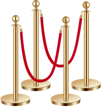 CYRO - Afzetpalen - Afzetpalen met Koord - Afzetlint - Paaltjes Rode Loper - Markeerlint - Set van 4 - RVS - Fluweel - Goud
