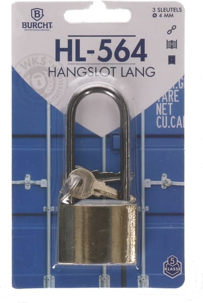 Hangslot lang 4 mm met 3 sleutels vanaf het gouden slot is de beugel 6 cm hoog buitenmaat beugel 3 cm binnenmaat 2 cm