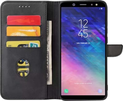 Geschikt voor Samsung Galaxy A6 2018 Telefoonhoesje Kunstleer met Magnetisch lipje en Pasjeshouder Book Case met Klepje - Zwart - Smartphonica geschikt voor Samsung Galaxy A6 (2018)