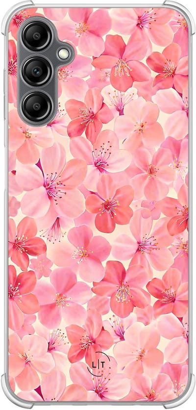 Shockproof hoesje - Geschikt voor Samsung Galaxy A14 5G - Pink flowers - Extra sterke case - TPU/polycarbonaat - Bloemen - Roze, Transparant
