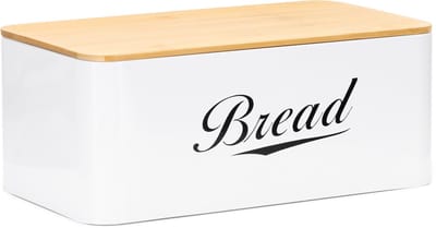 Springos Broodtrommel Voor Op Het Aanrecht - Broodmand - Metaal - Bamboe Deksel - Wit - 30 X 23 X 13 CM