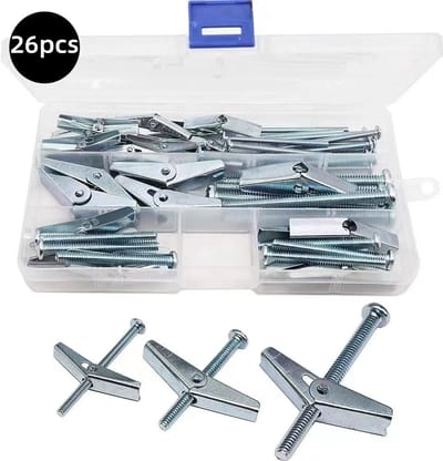 Oneay 26-delige set van expansiebouten en vleugelmoeren van 1/8 inch, 3/16 inch en 1/4 inch, gegalvaniseerde stalen expansiebouten met ronde kop, voor het ophangen van zware objecten aan gipsplaten.