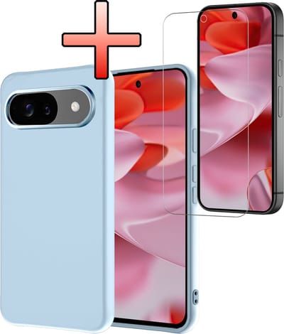 Hoesje - Met Screenprotector - Geschikt voor Google Pixel 9 - Sterk & Shockproof - Back Cover - Siliconen Case - Telefoon Hoes - Lichtblauw