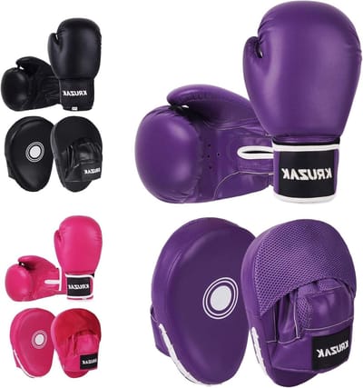 Focus Mitts en Bokshandschoenen - Trainingsset Vechtsport - Kickboksen en MMA Training - Gebogen Ontwerp - 16 Ounce - Paars
