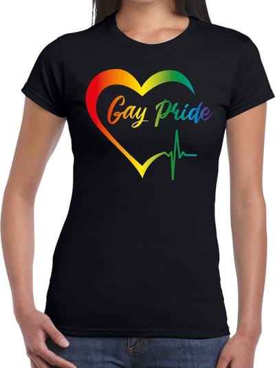 Gay Pride t-shirt zwart met regenboog hart voor dames - lgbt kleding XS