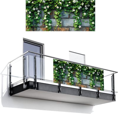 Balkonscherm 200x90 cm - Balkonposter Klimop - Groen - Stenen - Wit - Grijs - Balkon scherm decoratie - Balkonschermen - Balkondoek zonnescherm