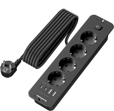 Intelectronics Inbouw Stekkerdoos met USB-C – 8-in-1 Power Hub voor Bureau & Werkblad – 4 Stopcontacten + 4 USB-Poorten – 2 m Kabel – Mat Zwart Luxe Design – Discreet, Krachtig en Naadloos Geïntegreerd