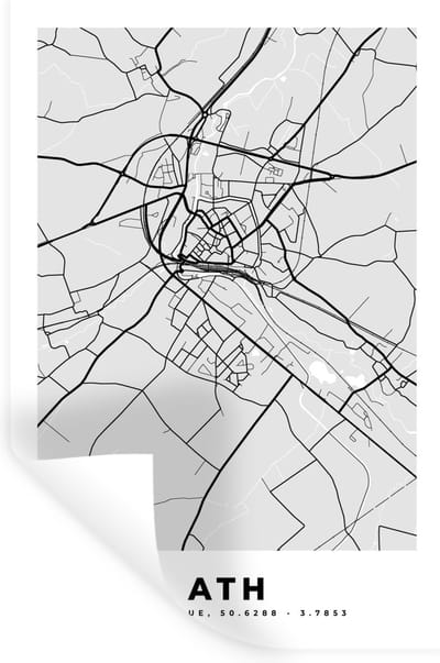 Muurstickers - Sticker Folie - België – Ath – Stadskaart – Kaart – Zwart Wit – Plattegrond - 20x30 cm - Plakfolie - Muurstickers Kinderkamer - Zelfklevend Behang - Zelfklevend behangpapier - Stickerfolie