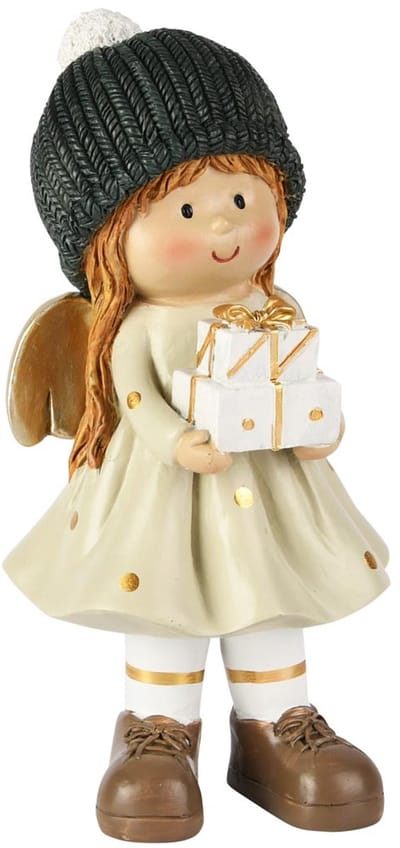 Dekoratief | Engeltje staand m/cadeautjes, creme/goud, resina, 11x9x20cm | A255271