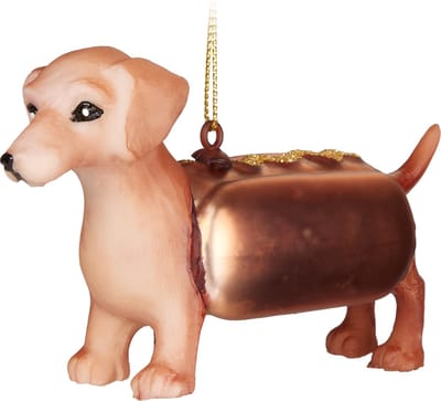 BRUBAKER Teckel als Hot Dog - Handgeschilderde Glazen Kerstbal - Handgeblazen Kerstversiering - Grappige Kersthanger - Kerstboom Decoratie - 10,8 cm