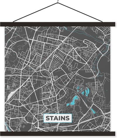 Posterhanger incl. Poster 60x60 cm - Schoolplaat - Stains - Plattegrond - Kaart - Stadskaart - Frankrijk - Textielposter - Zwarte latten - Stadskaart