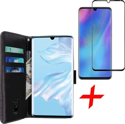 Hoesje geschikt voor Huawei P30 Pro + Screenprotector Tempered Glass Full Screen - Kunstlederen TPU Book Case Portemonnee Flip Wallet - Zwart