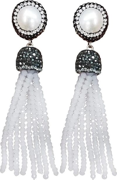 Zoetwater parel oorbellen Bright Pearl White Crystal Tassel - oorstekers - echte parels - wit - zwart - zilver - kwastje - parel oorbellen dames - parel oorknopjes - sieraden doosje