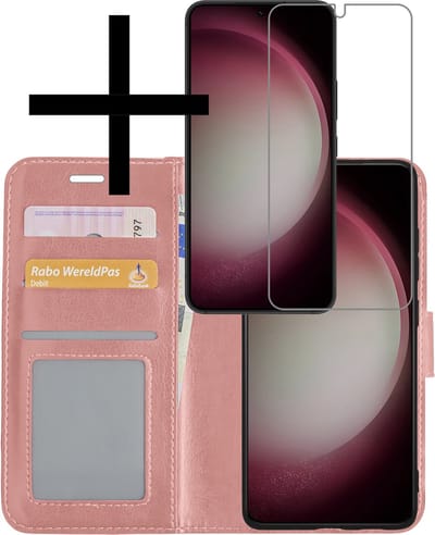 Hoesje - Met Screenprotector - Geschikt voor Samsung Galaxy S23 - Luxe Pasjeshouder - Bookcase Portemonee - Flip Case - Kunstleer Book Case - Flipcase - Book Cover - Walletcase - Portemonneehoes - Rosé goud