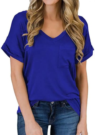 ASTRADAVI Casual Wear - Dames V-Hals T-Shirts met Borstzakje - Trendy Opgerolde Mouwen - Koningsblauw/Small