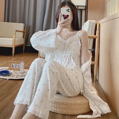 Kant Katoen Zwangerschap Borstvoeding Pyjama, Elegante Losse Pyjamaset, Zwangerschap Huis Slaap Casual Kleding 3-delige Set 2XL wit
