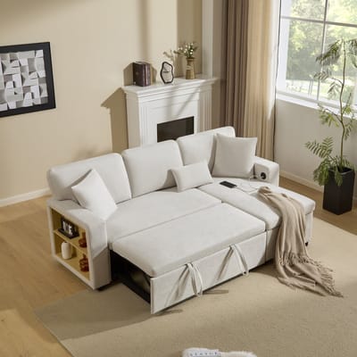 HAUSS SPOLE Sofa - Modulair Hoekbank 3-Zits - L-Vorm Omkeerbaar - Slaapfunctie & Opbergruimte Met USB - 214x131x87 cm / 4-Zits - Kleine Woonkamer - Flanel Beige