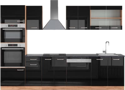 Vicco R-Line Complete keukeneenheid – 300 cm met hoge kast, WB Antraciet Eiken hoogglans zwart/goud