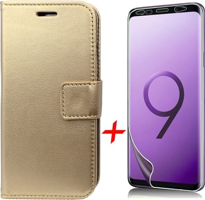Hoesje geschikt voor Samsung Galaxy S9 - Kunstlederen Siliconen TPU Bookcase + Screenprotector PET Glas Folie - Goud - van iCall