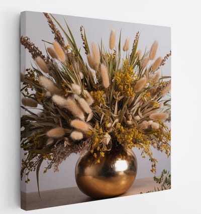 Saammp Canvas Schilderij - Gedroogde Bloemen in goude vaas - Natuur - Abstract - 20x20 - Foto op canvas - Wanddecoratie - Muurdecoratie Woonkamer - Kantoor Decoratie