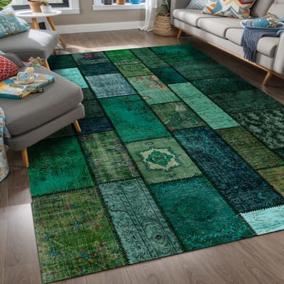 Bamyum Trunk Bedrukte Tapijt Chenille-Print Machinaal Gemaakt 80 x 150 cm, Wasbare Groen Vintage Tapijt, Antibacterieel Anti-Slip Keukentapijt