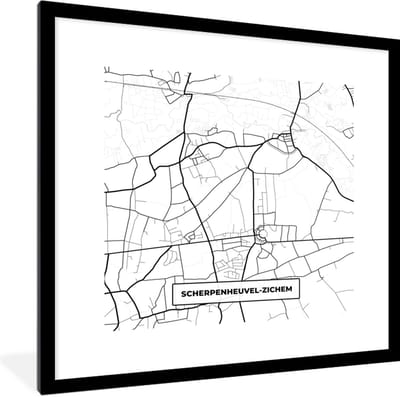 Fotolijst incl. Poster Zwart Wit- België – Scherpenheuvel Zichem – Stadskaart – Kaart – Zwart Wit – Plattegrond - 40x40 cm - Posterlijst