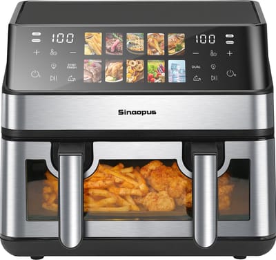 Sinaopus XXL Airfryer 8L – Kijkvenster – Met Dubbele Mand – 10 Kookprogramma’s – Onafhankelijke Snelle Opwarming – Geschikt voor Gezinnen – Eenvoudig te Reinigen – Capaciteit voor 4 tot 5 Personen